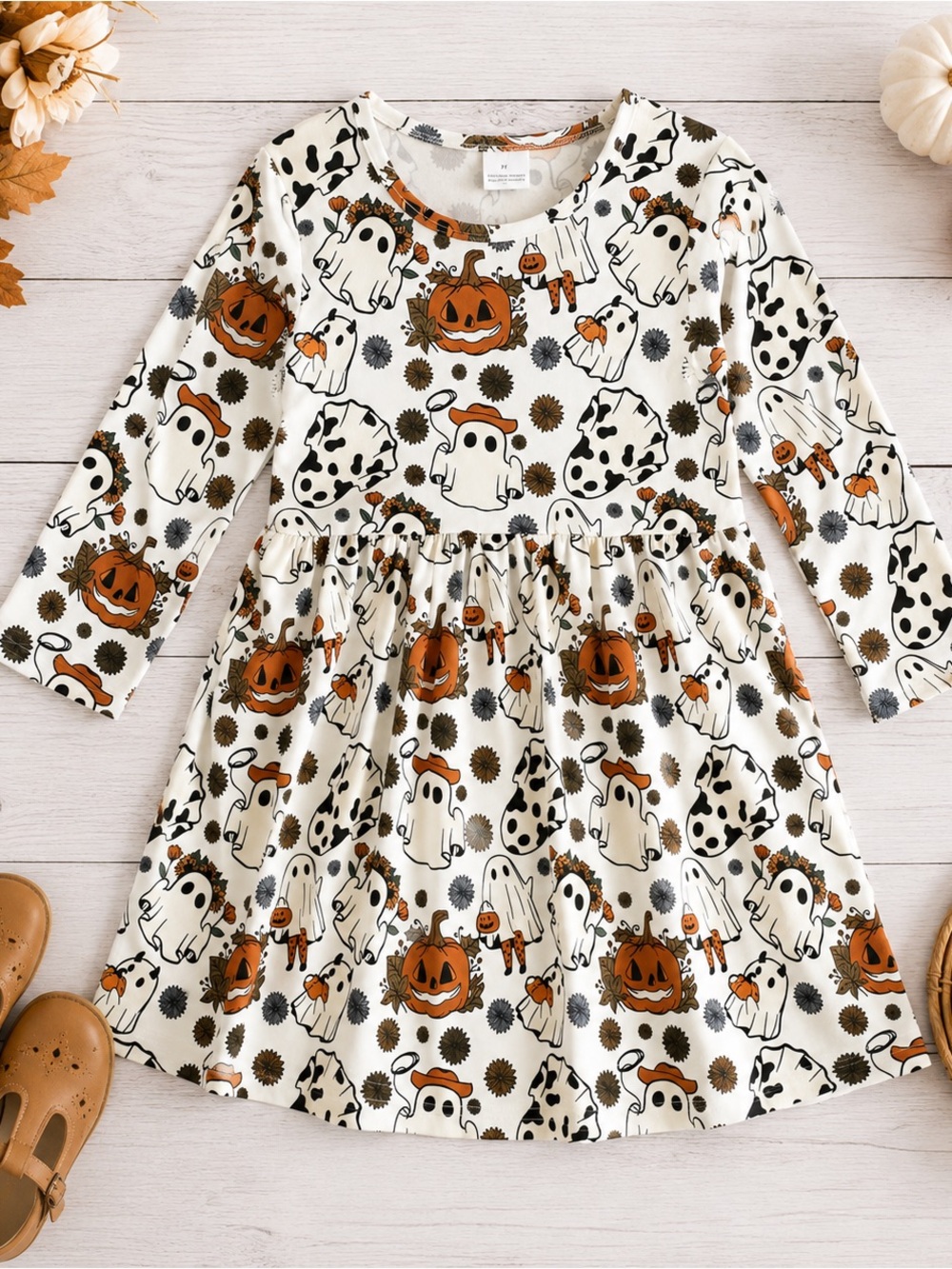 Halloween Ghost Pumpkin Disco Cowgirl Long Sleeve Dress Western Girls 5t 5Y